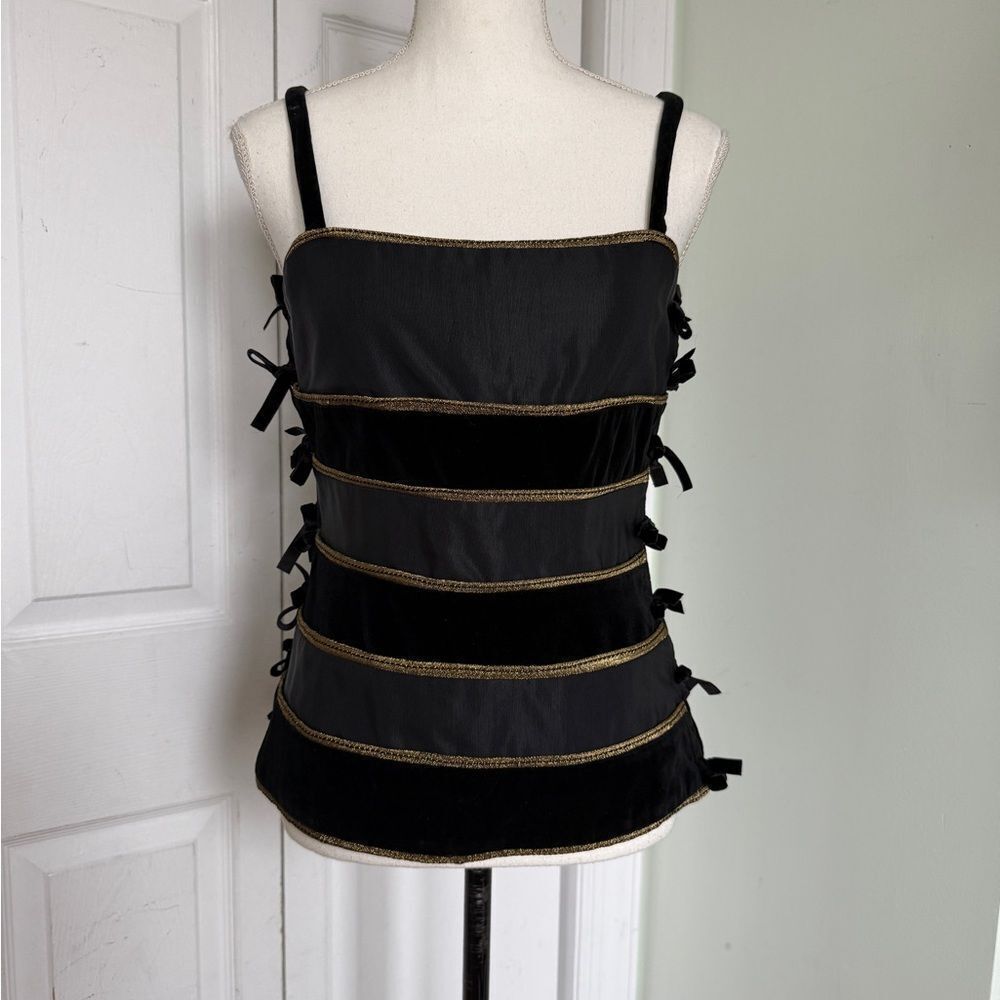 Late 1980s Gianni Versace Black and Gold Baroque Velvet Silk Corset Top Sz Large